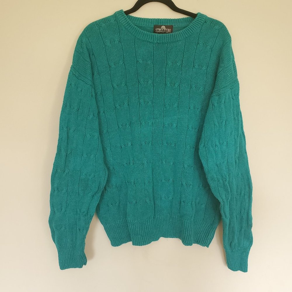 Vintage cable knit sweater teal blue size Large